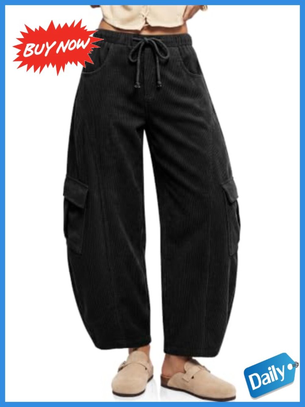 Corduroy Cargo Barrel Pants Elastic Waist Drawstring Cropped Tapered